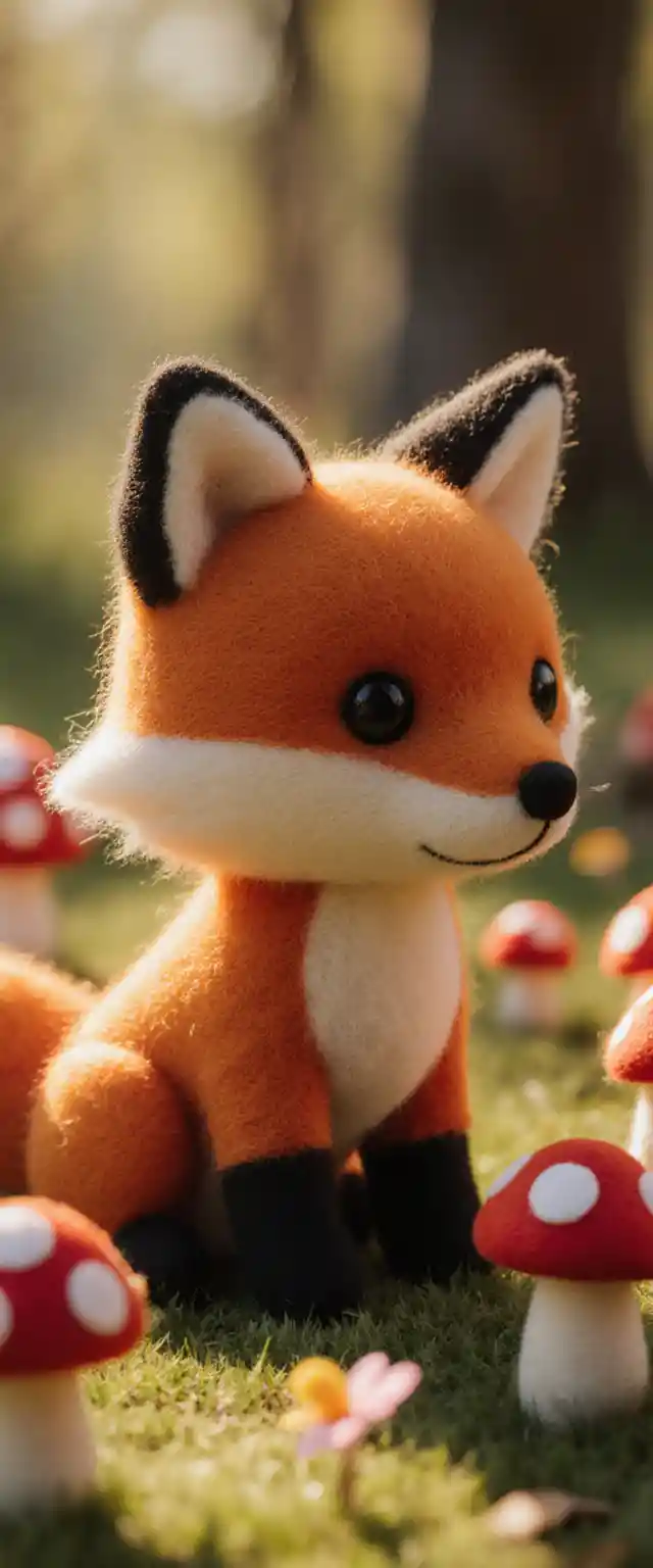 Cute felt fox in a sunlit forest clearing