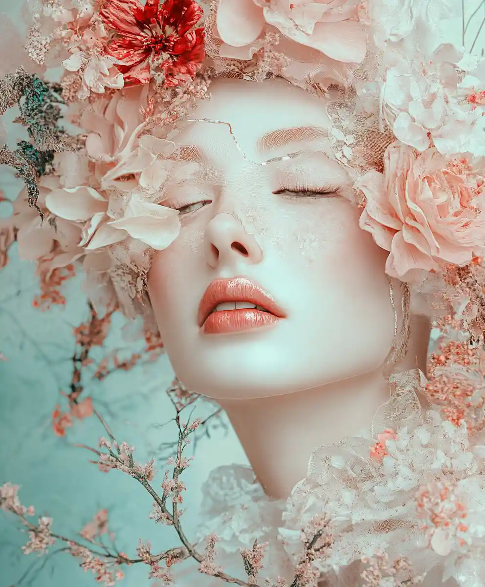 Elegant woman in artistic floral fashion portrait