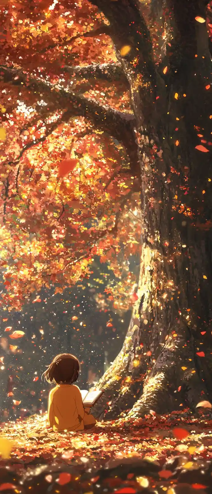 Fille d’anime lisant sous un gigantesque chêne d’automne
