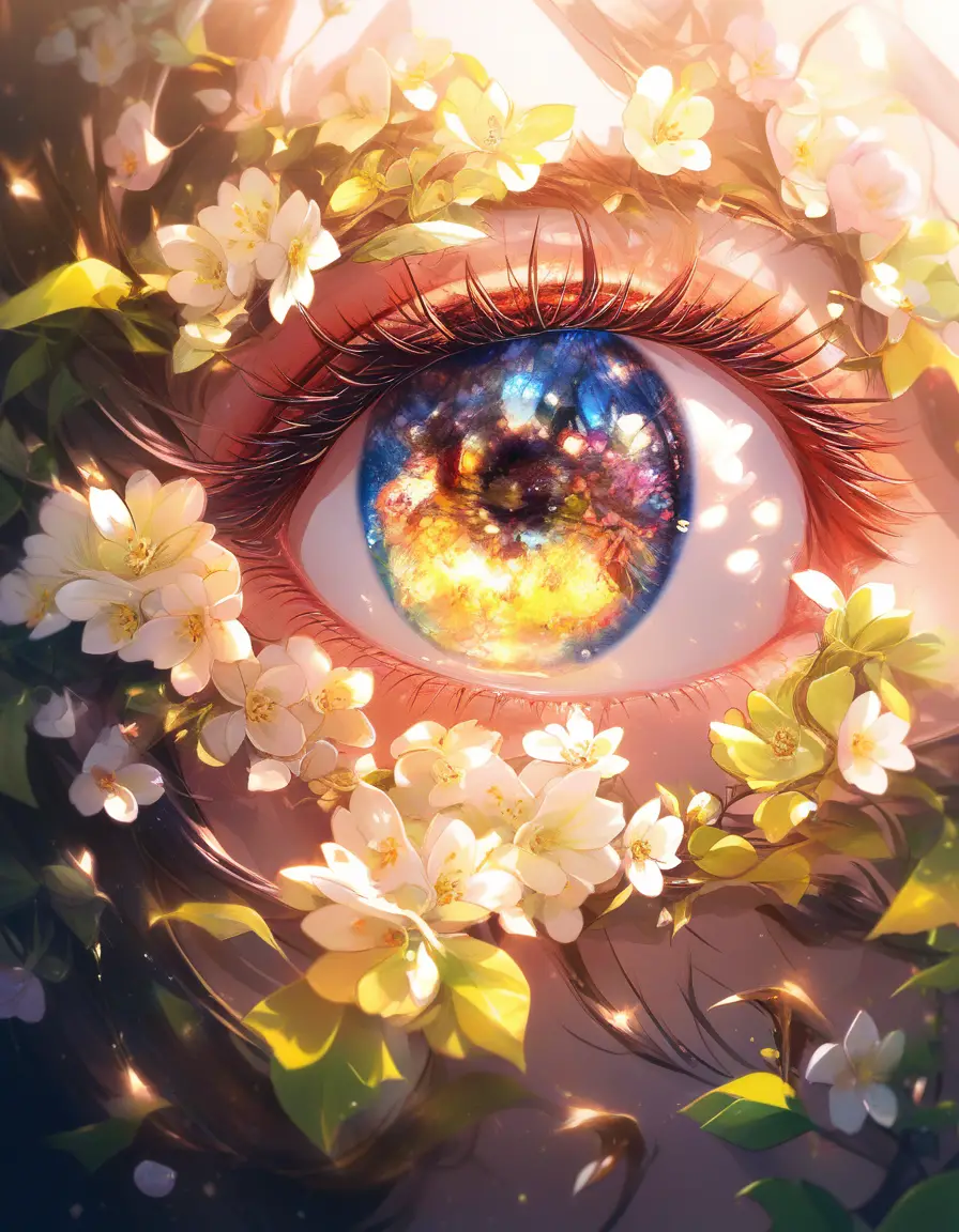 Macro eye illustration with vibrant spring landscape inside