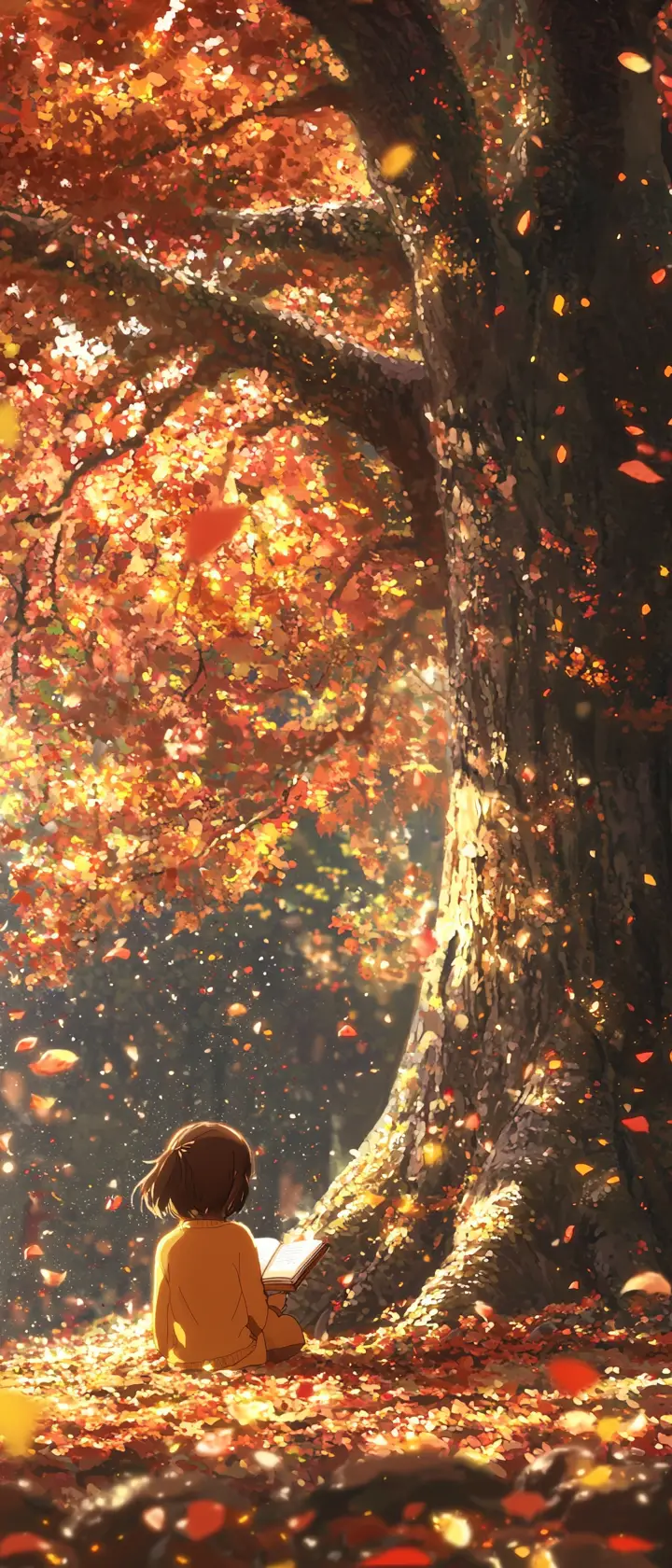 Anime girl reading under a giant autumn oak tree