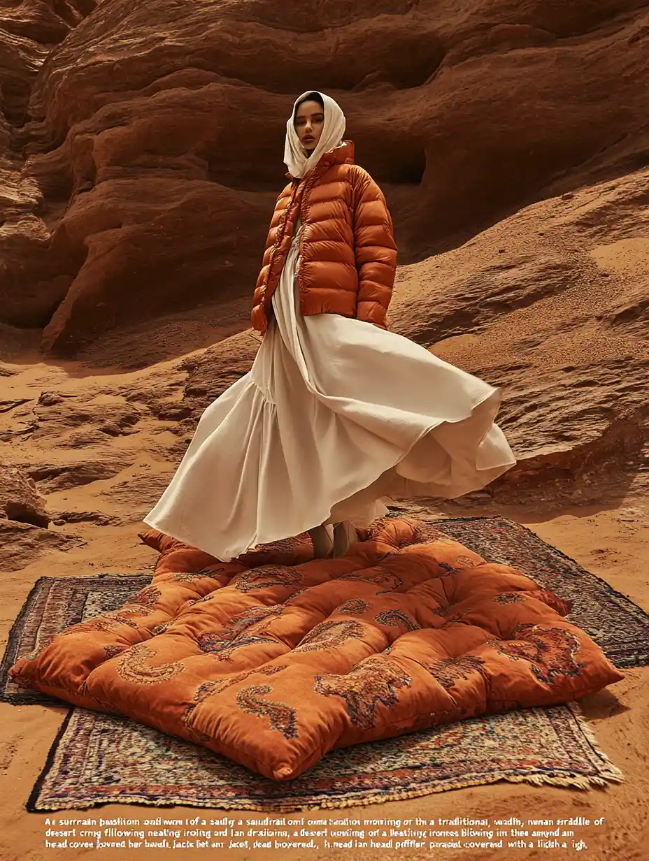 Surreal fashion portrait of a woman in a desert canyon