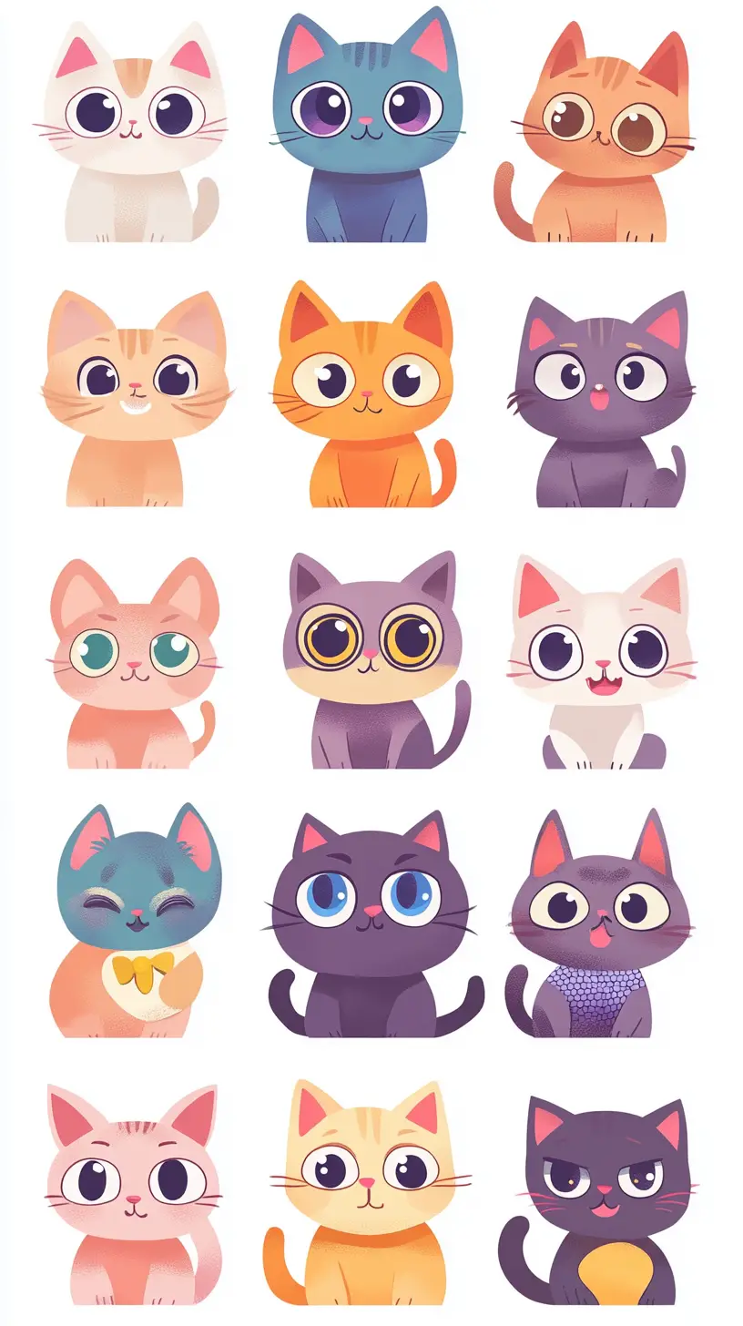 Cute anthropomorphic cartoon cats in colorful grid illustration