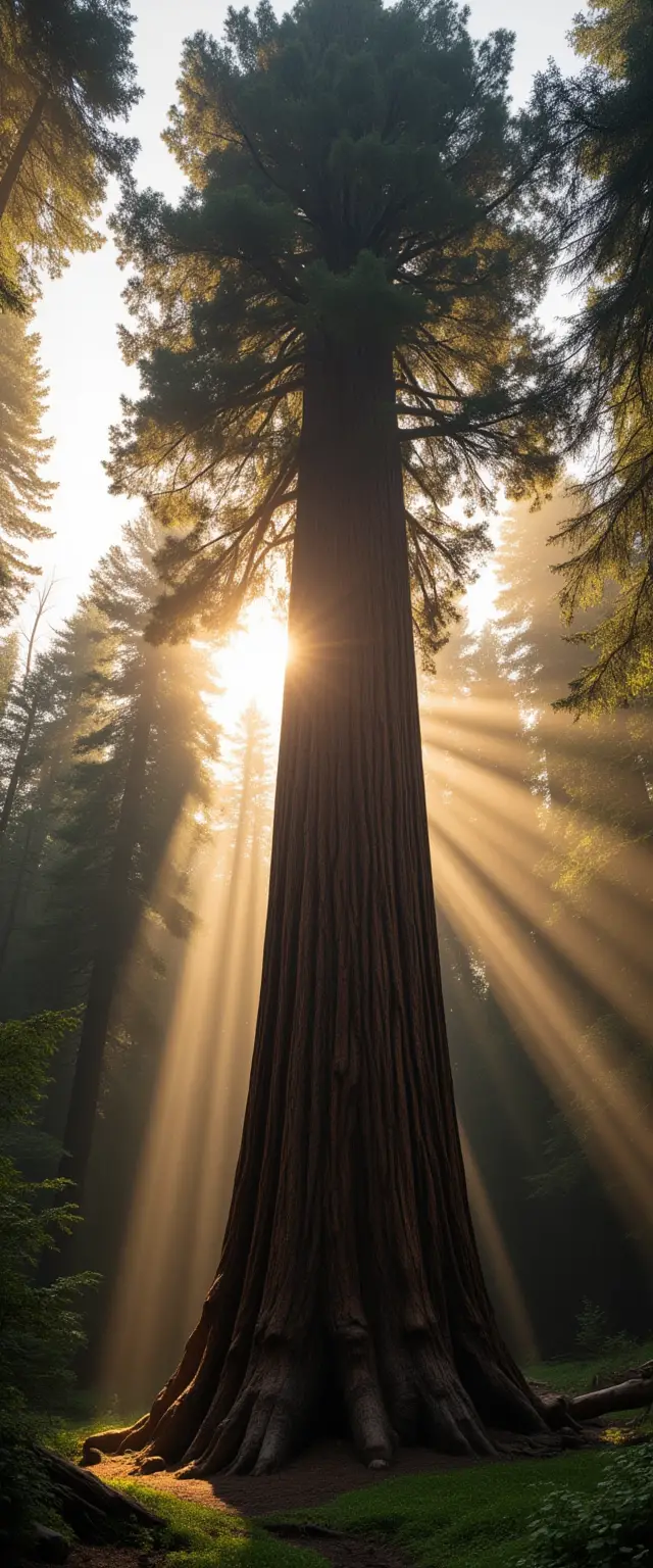 Ancient giant tree at sunrise in misty forest