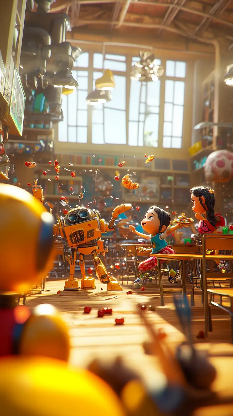 Girls And Robots In A Playful School Cafeteria Food Fight