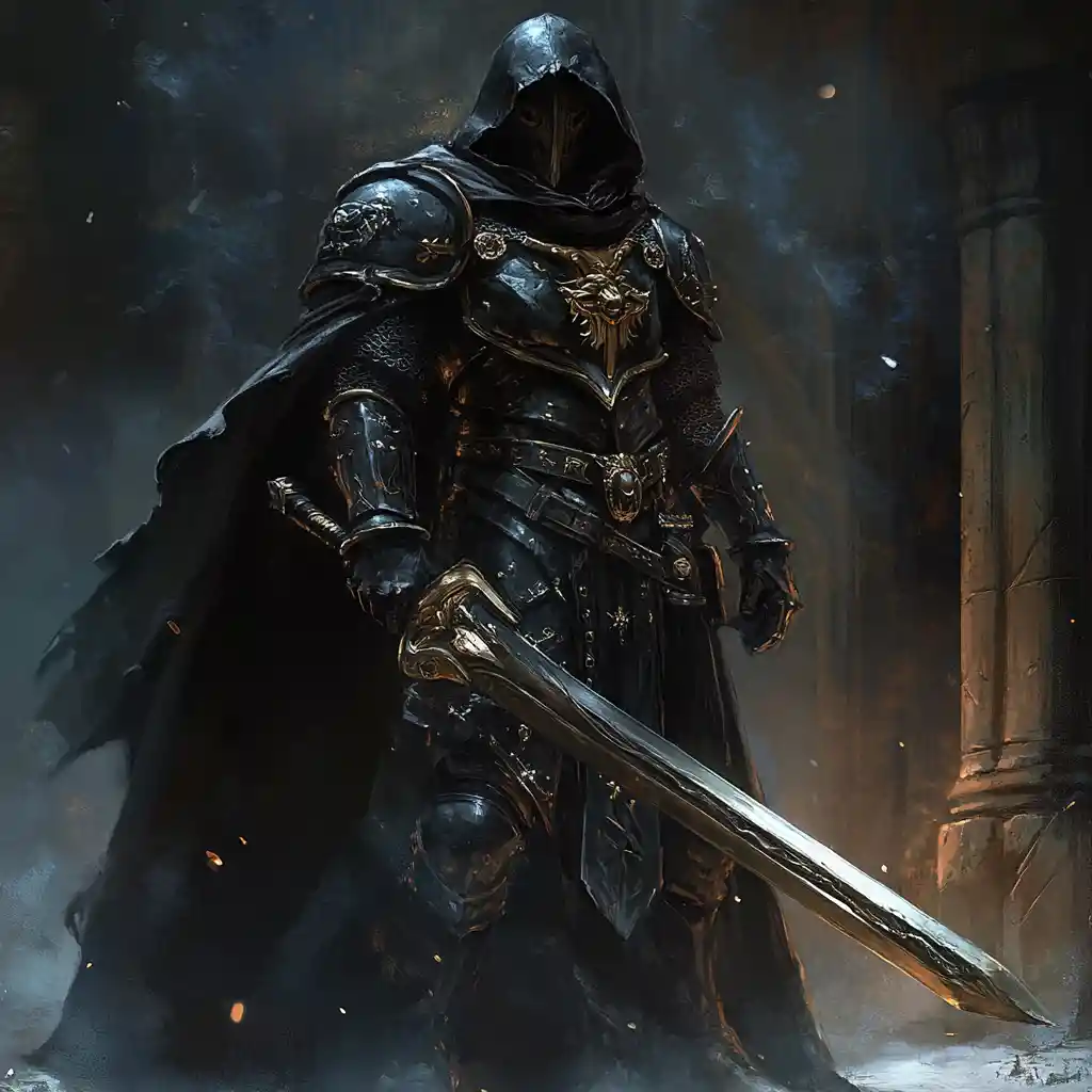 Dark armored paladin with glowing magic sword standing watch