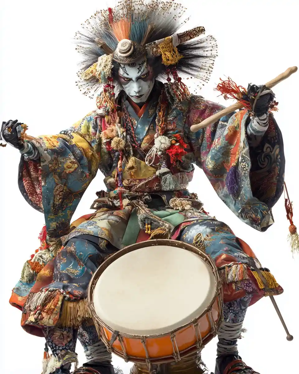 Shapeshifter fantasy being playing drums in paper cut style