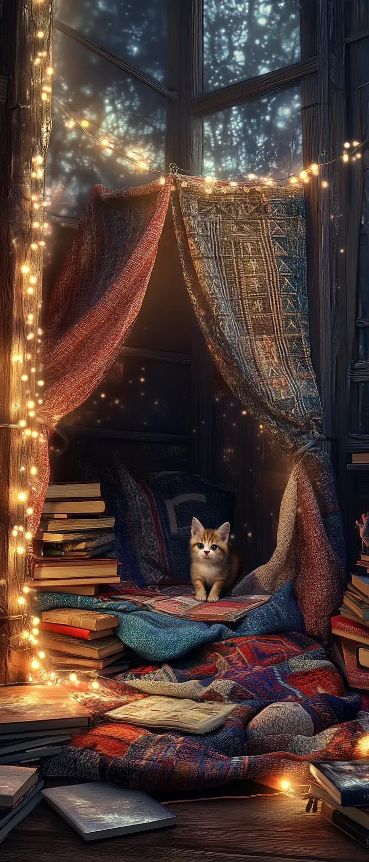 Cozy reading nook with playful kitten and fairy lights
