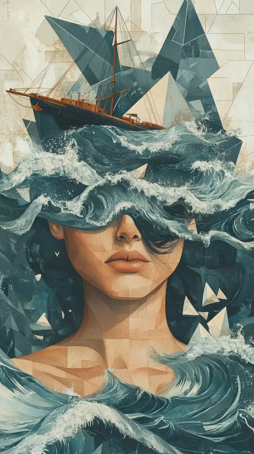 Surreal woman with ocean waves and tiny ships
