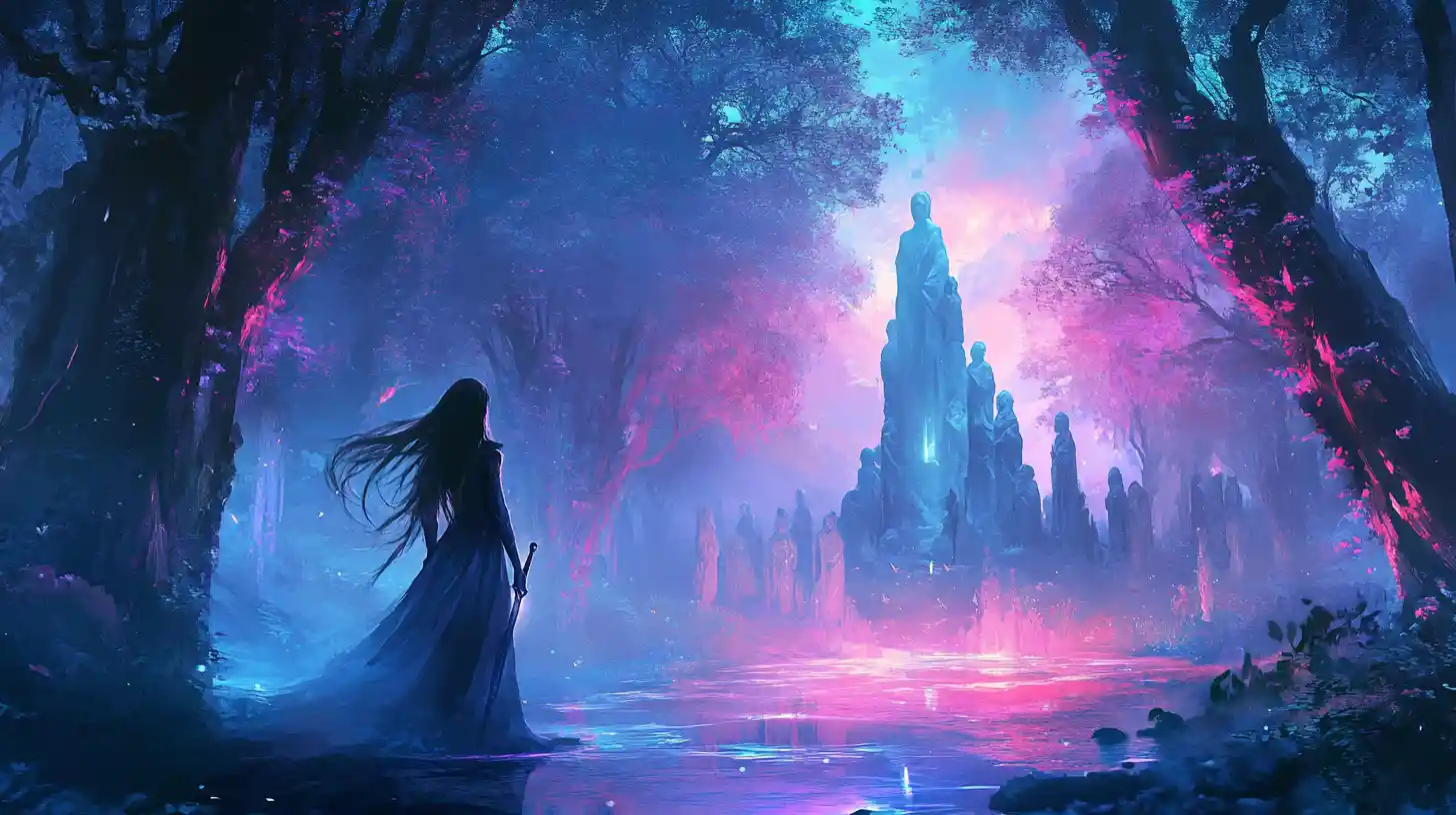 Mystical forest warrior by a glowing pond at sunset