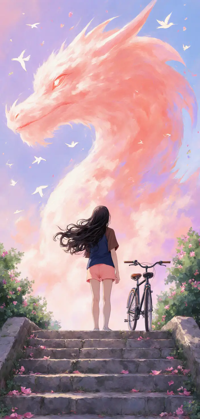 Girl on stone steps gazing at dragon shaped clouds