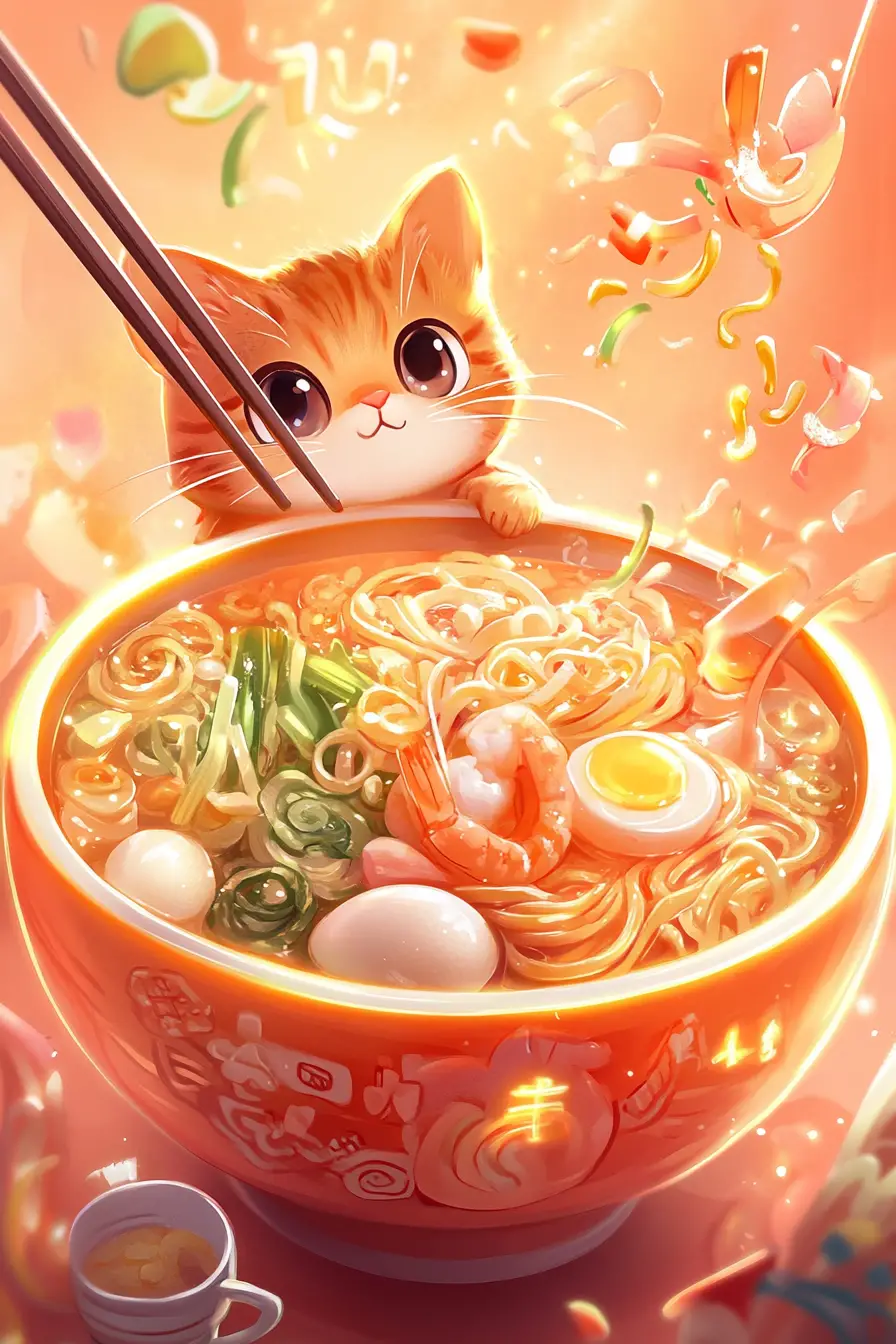 Adorable kawaii tabby cat dreaming of glowing ramen