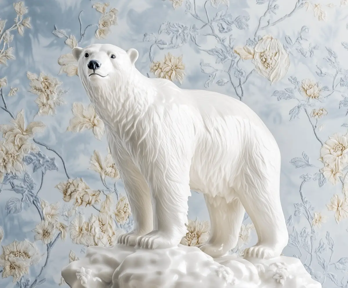 Porcelain polar bear sculpture against soft blue abstract background