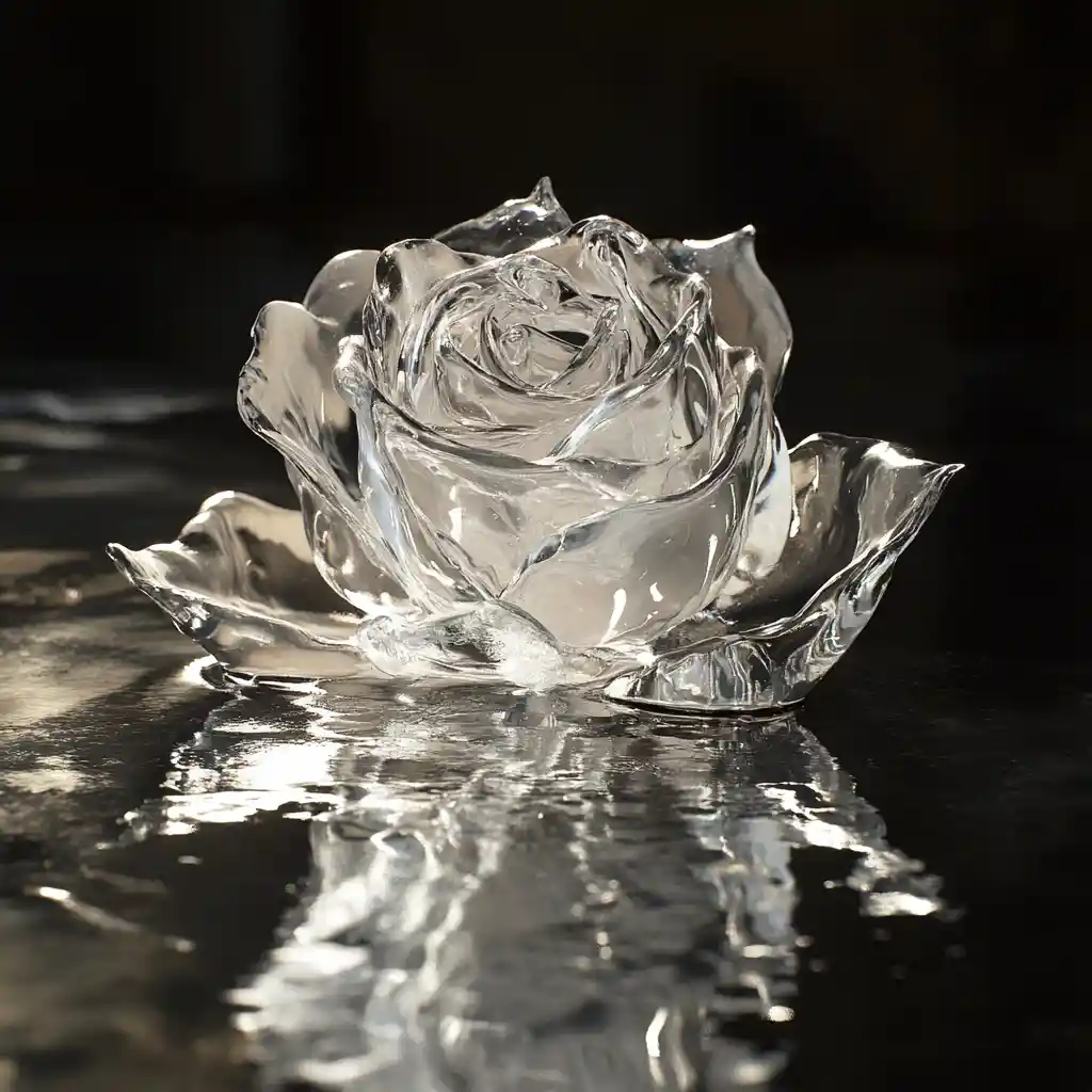 Schmelzende Eisrose auf dunklem Tisch mit Sonnenlichtreflexion