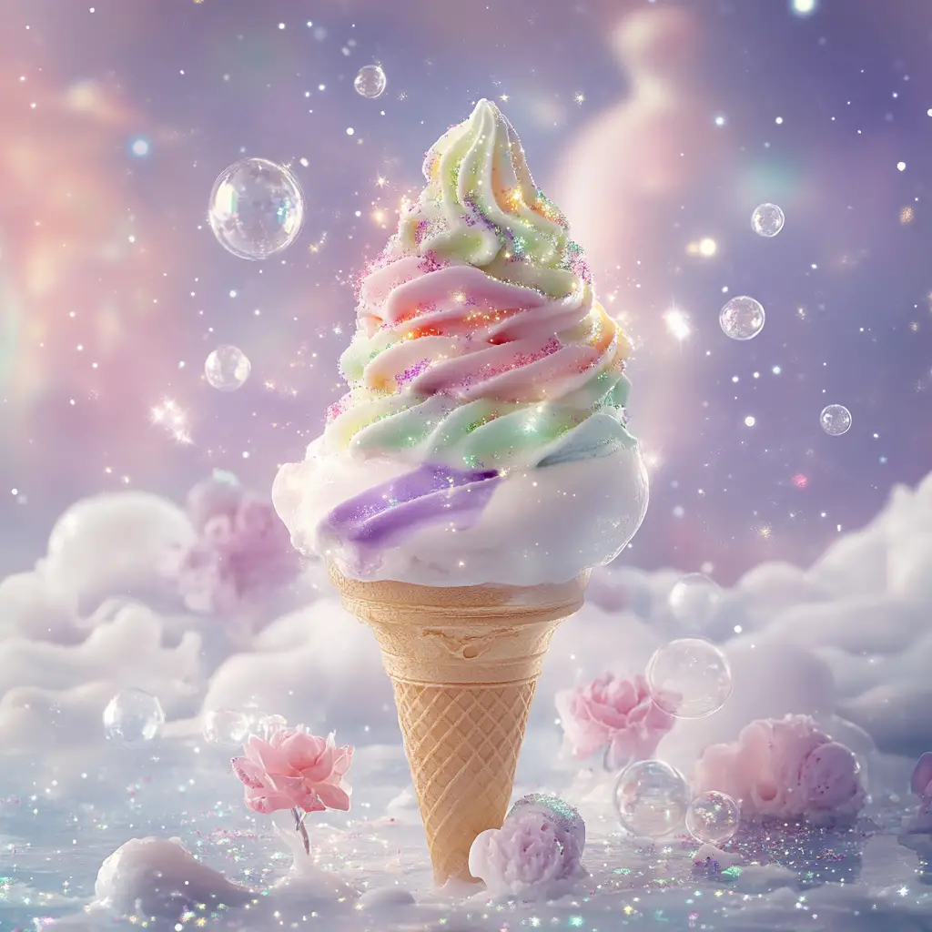Whimsical pastel ice cream in a dreamy fairy landscape