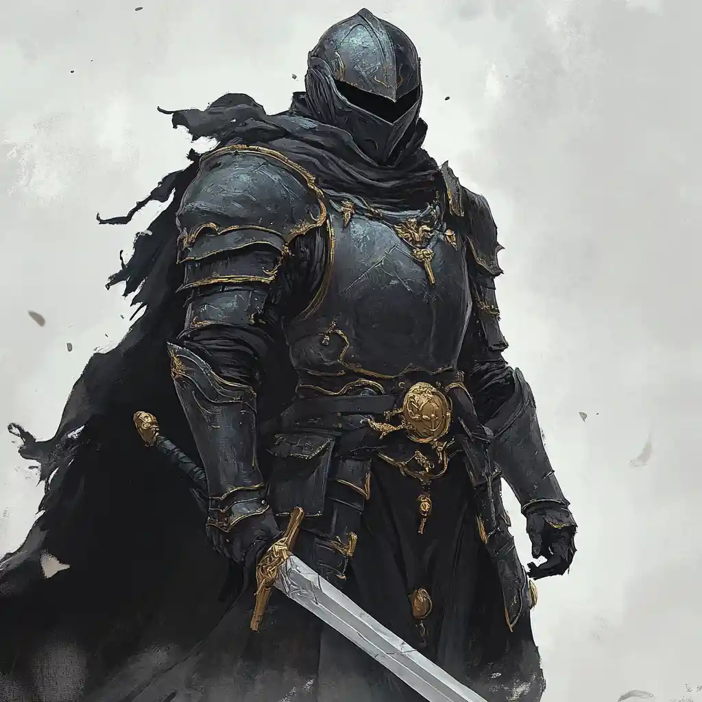 Dark armored paladin with glowing magic sword standing watch