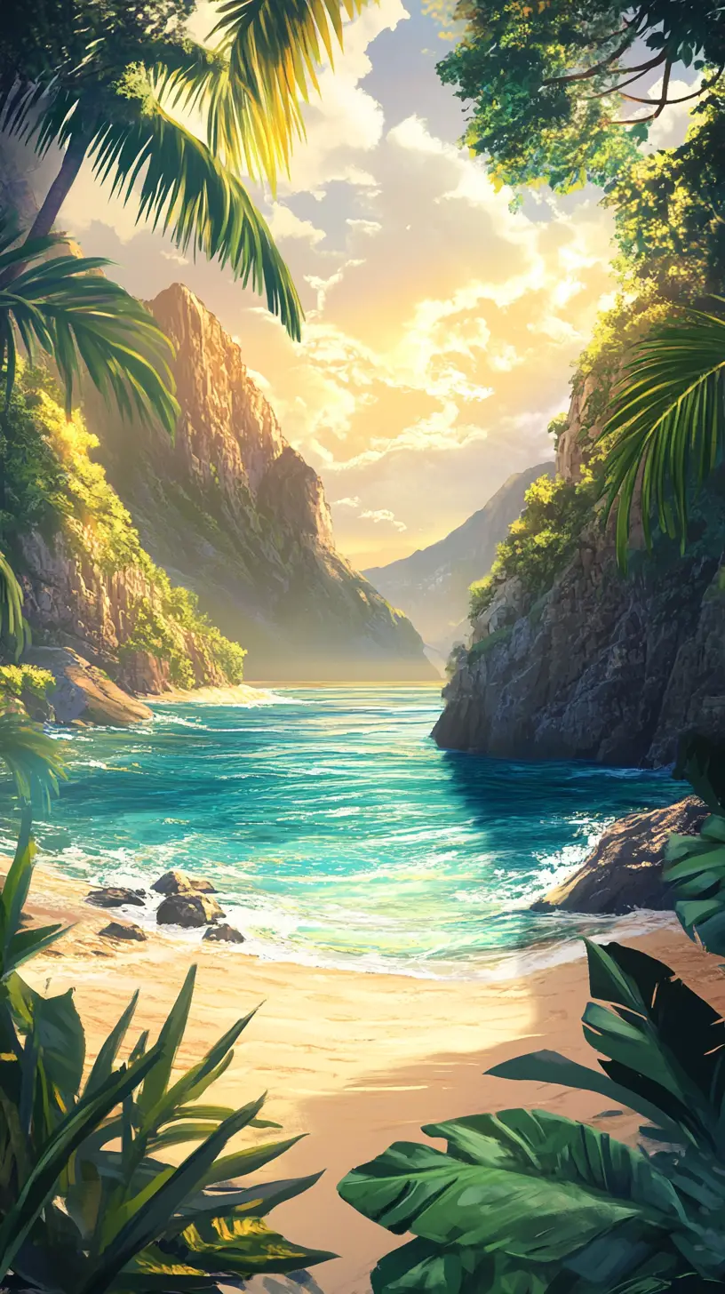 Anime tropical cove with cliffs and sunset sea