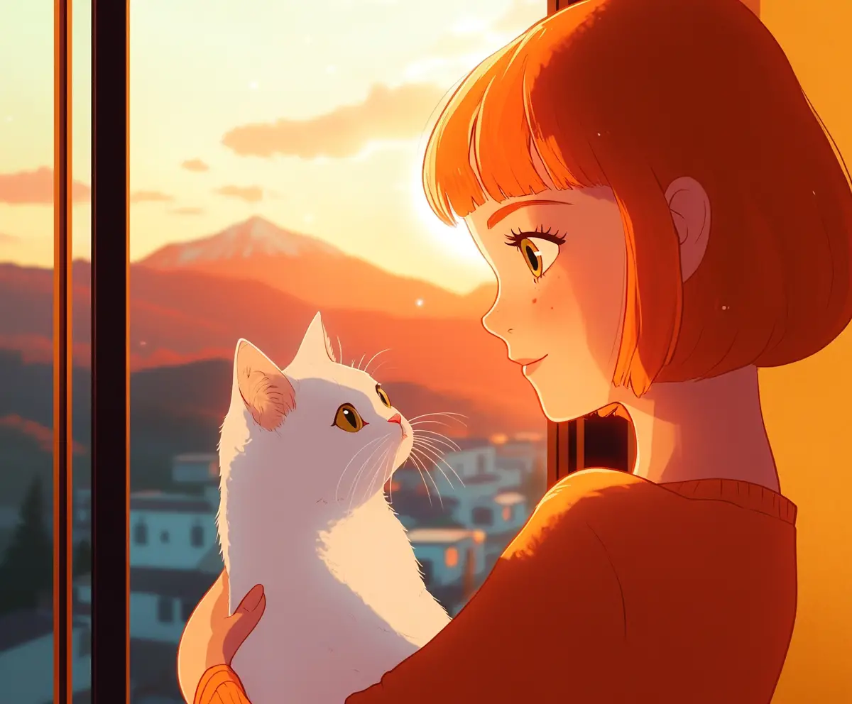 Girl With White Cat Watching Sunset From Window