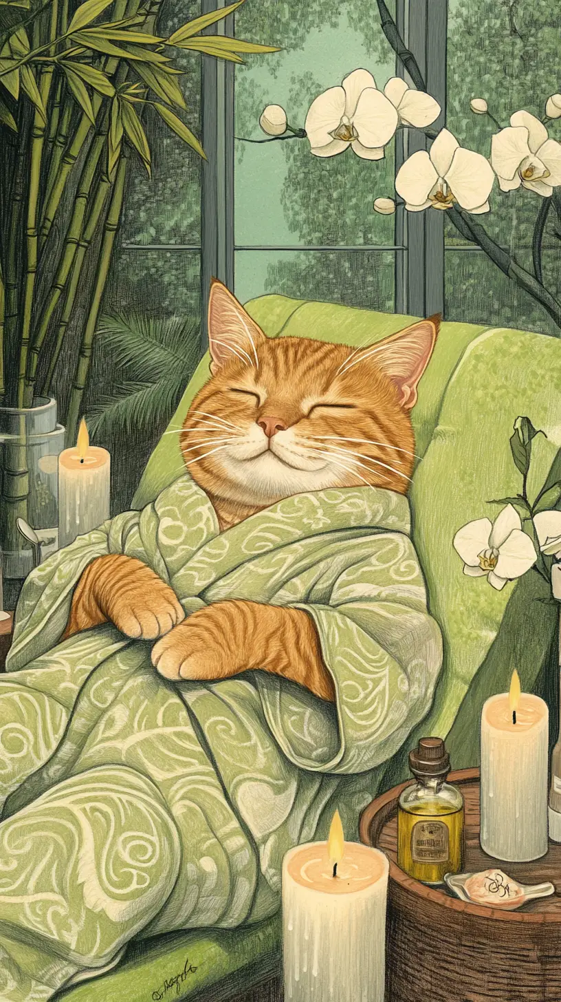 Orange tabby cat relaxing in a cozy spa room