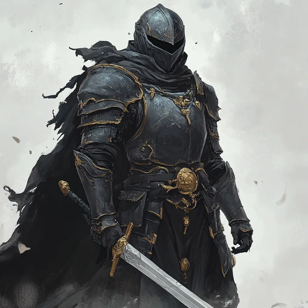 Dark armored paladin with glowing magic sword standing watch