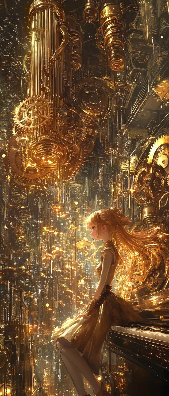 Clockwork anime girl singing in a glowing brass city