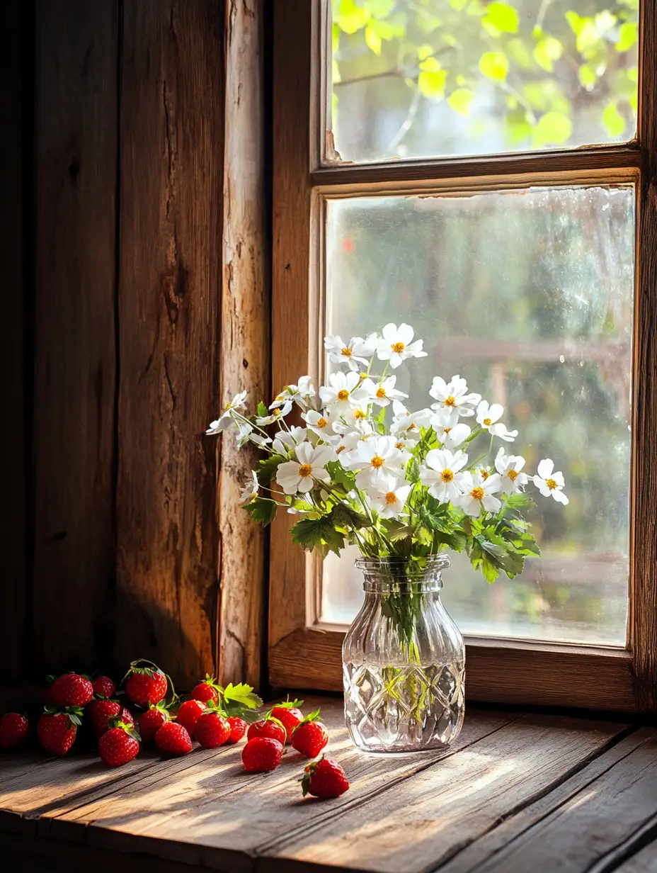 Rustic still life with flowers and strawberries by a window