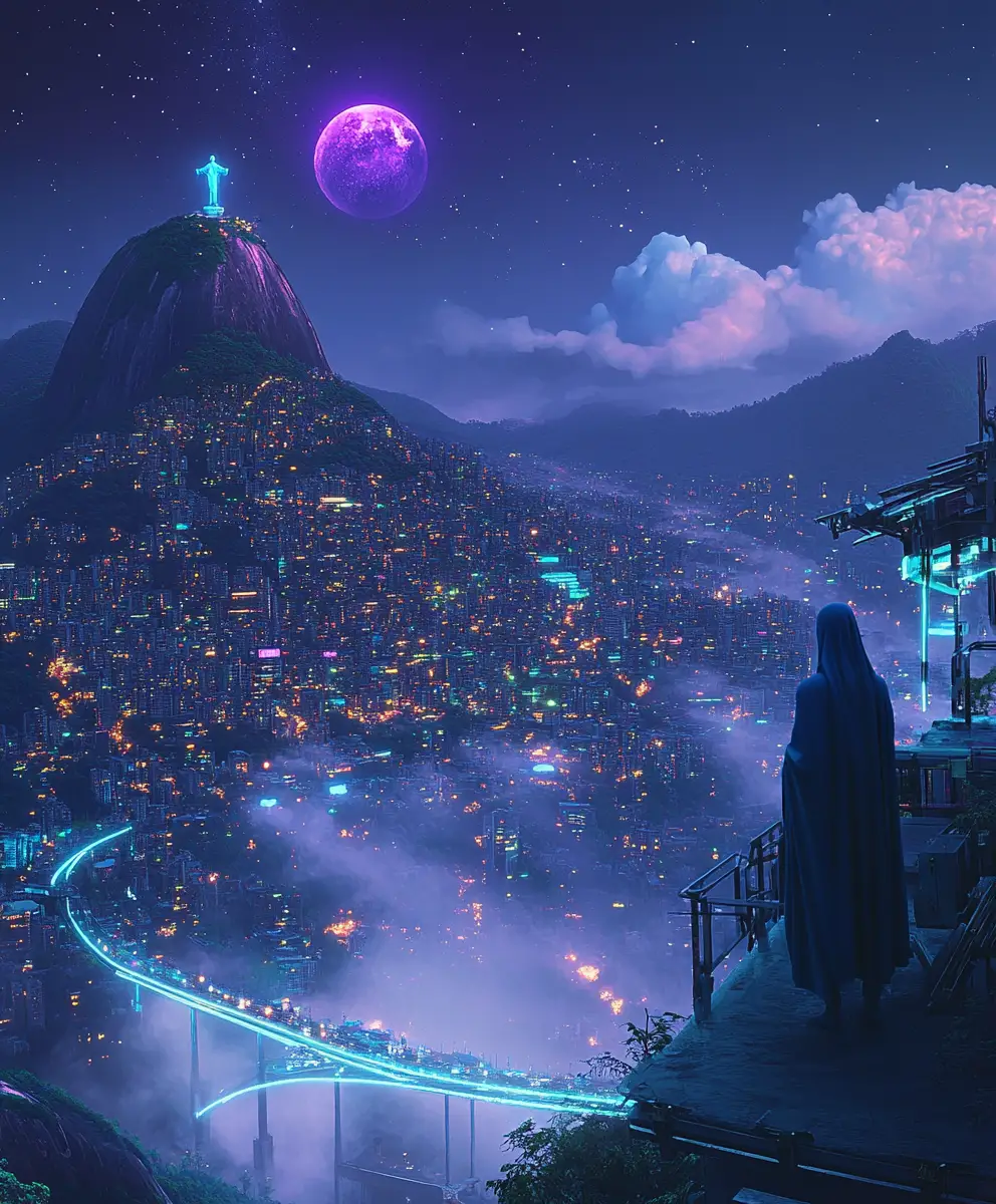 Cloaked figure overlooking neon futuristic mountain city