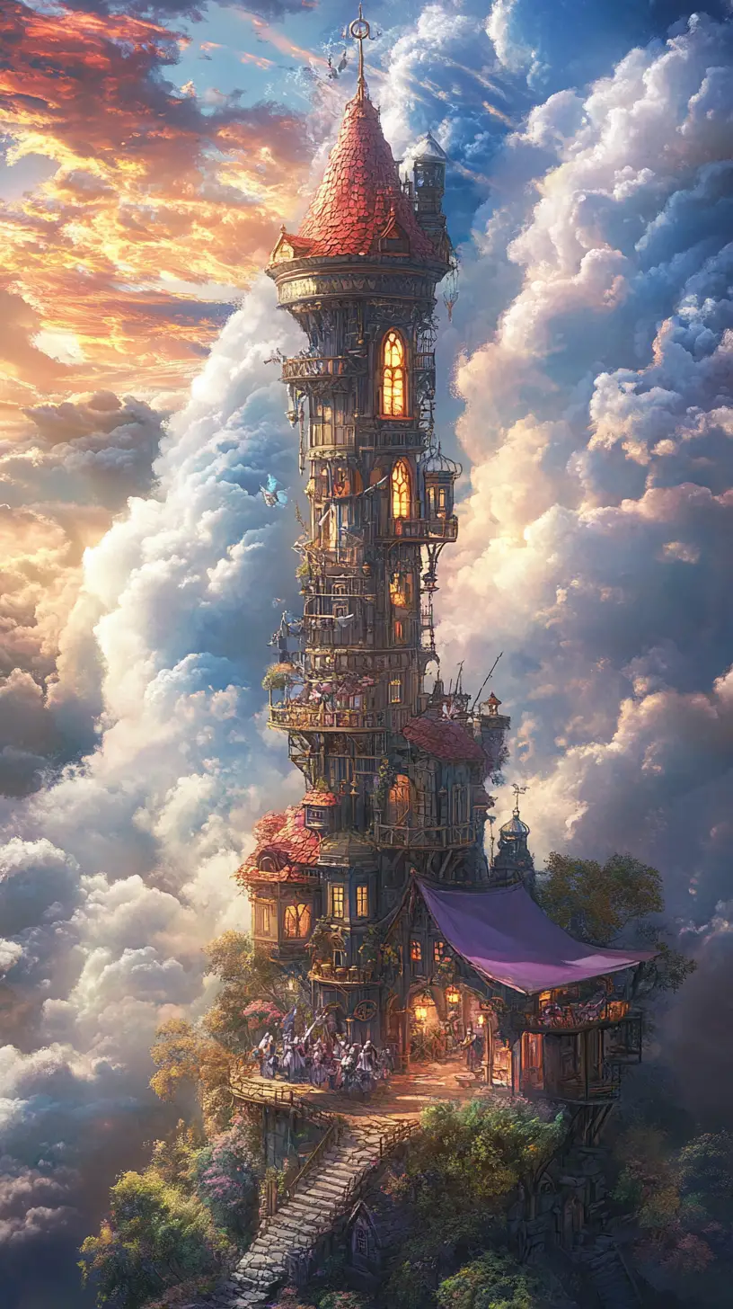 Tall fantasy tower rising into swirling heavenly clouds