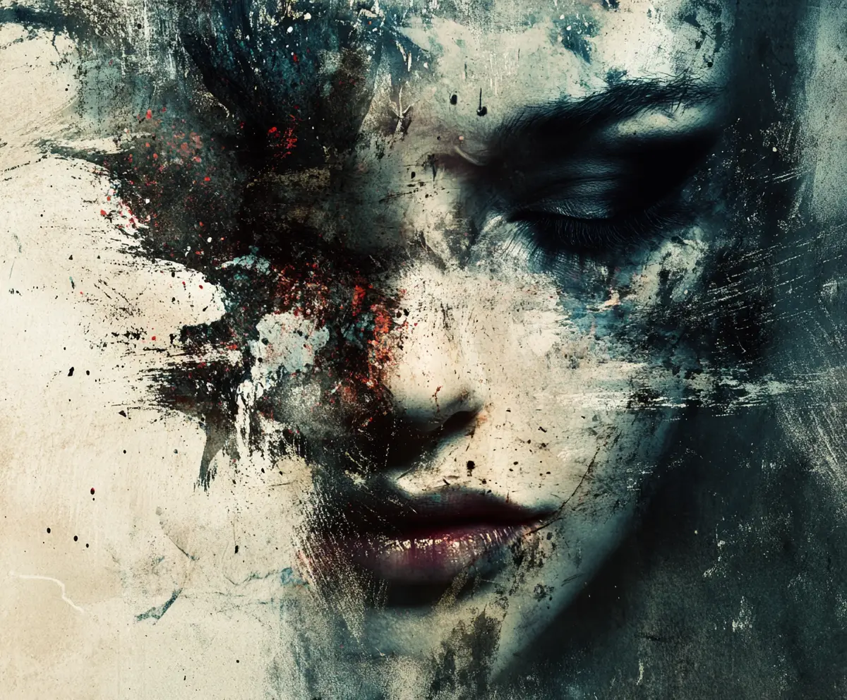 Abstract distorted face with splattered textured paint