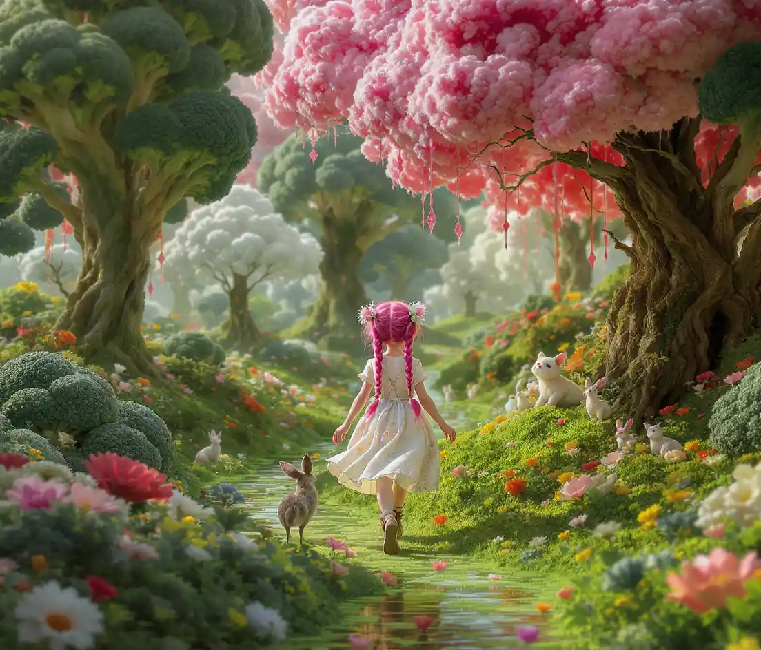 Whimsical girl walking through surreal candy forest