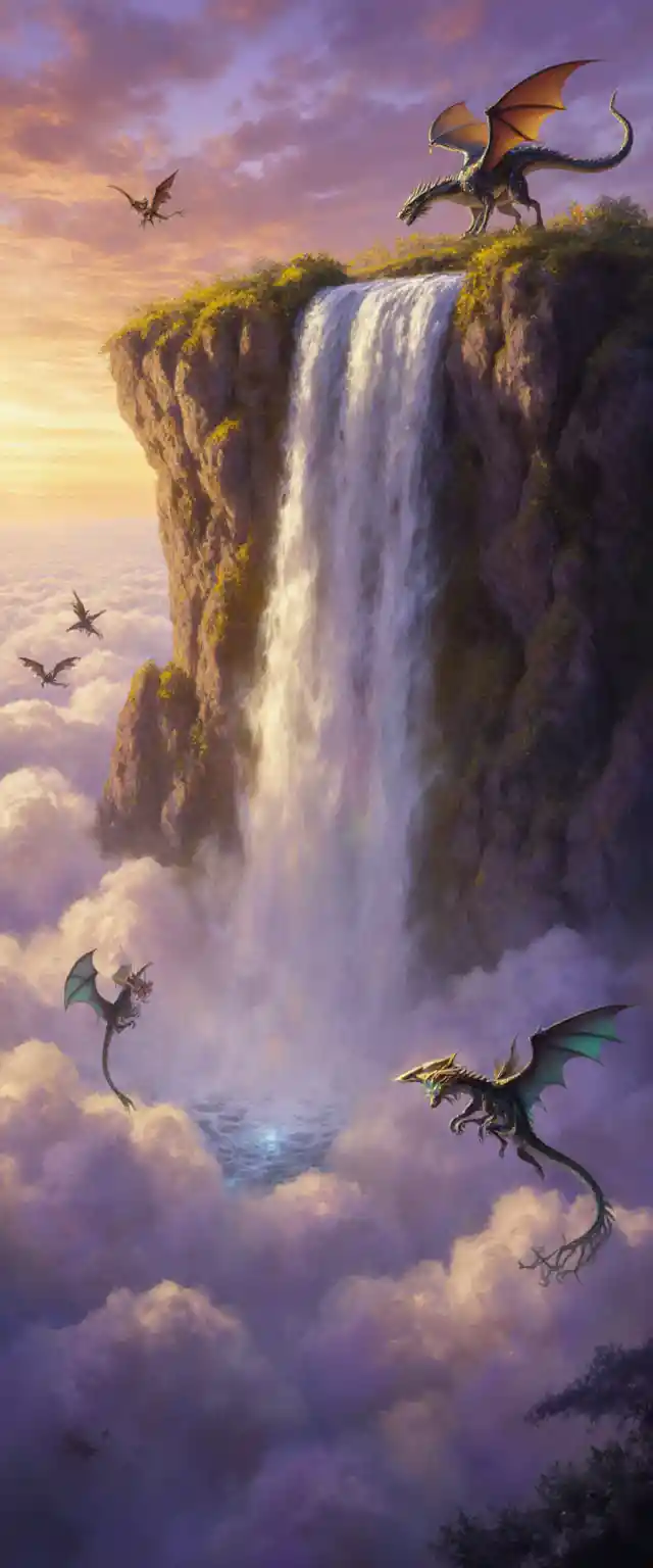 Majestic waterfall pouring from floating island at sunset