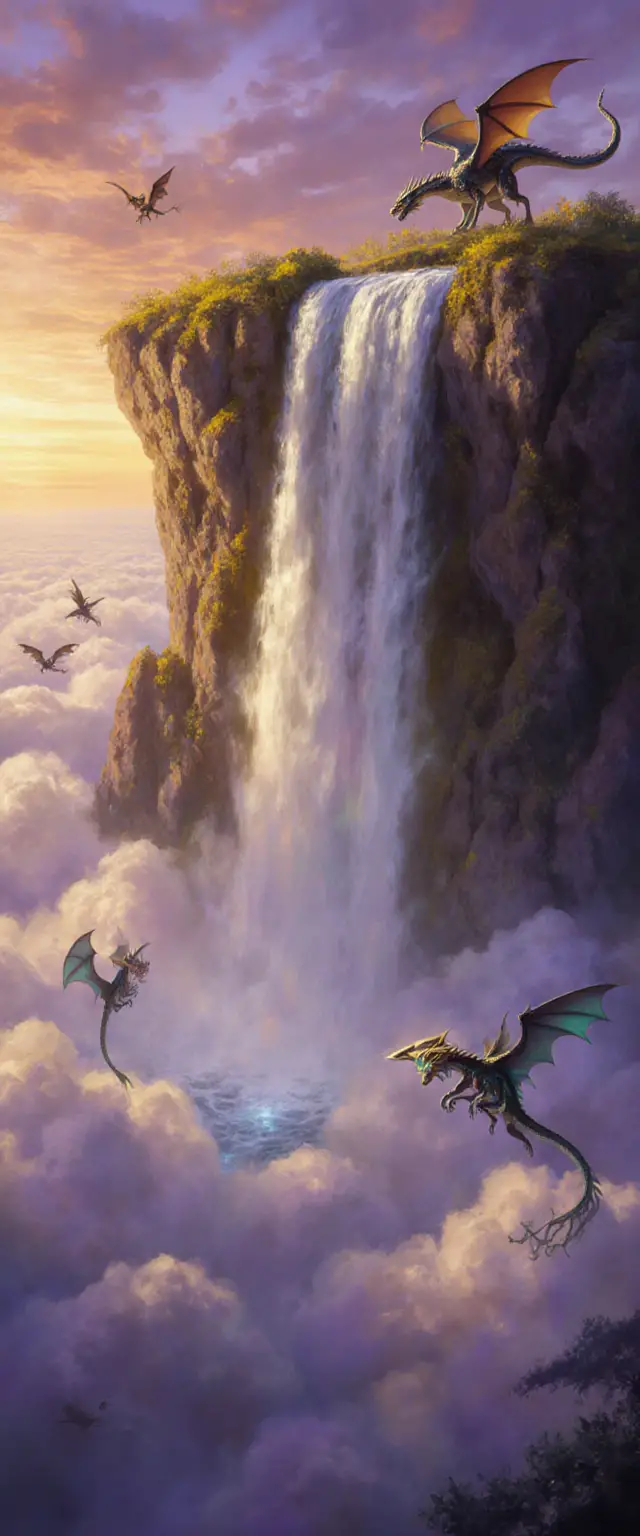 Majestic waterfall pouring from floating island at sunset