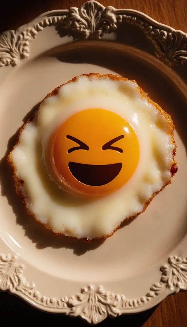 Playful fried egg emoji face on ornate breakfast plate