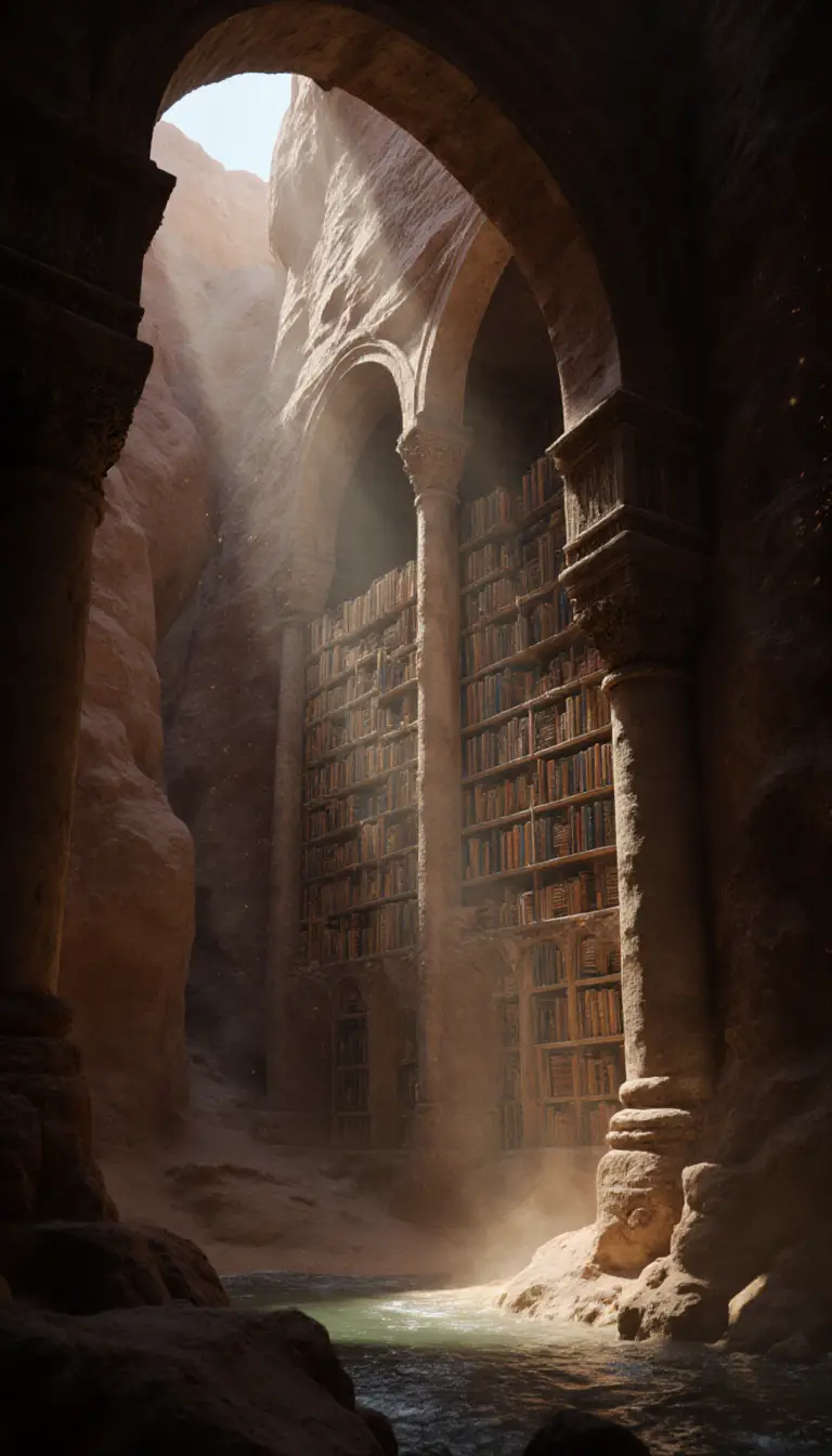 Ancient canyon library with stone arches and river view