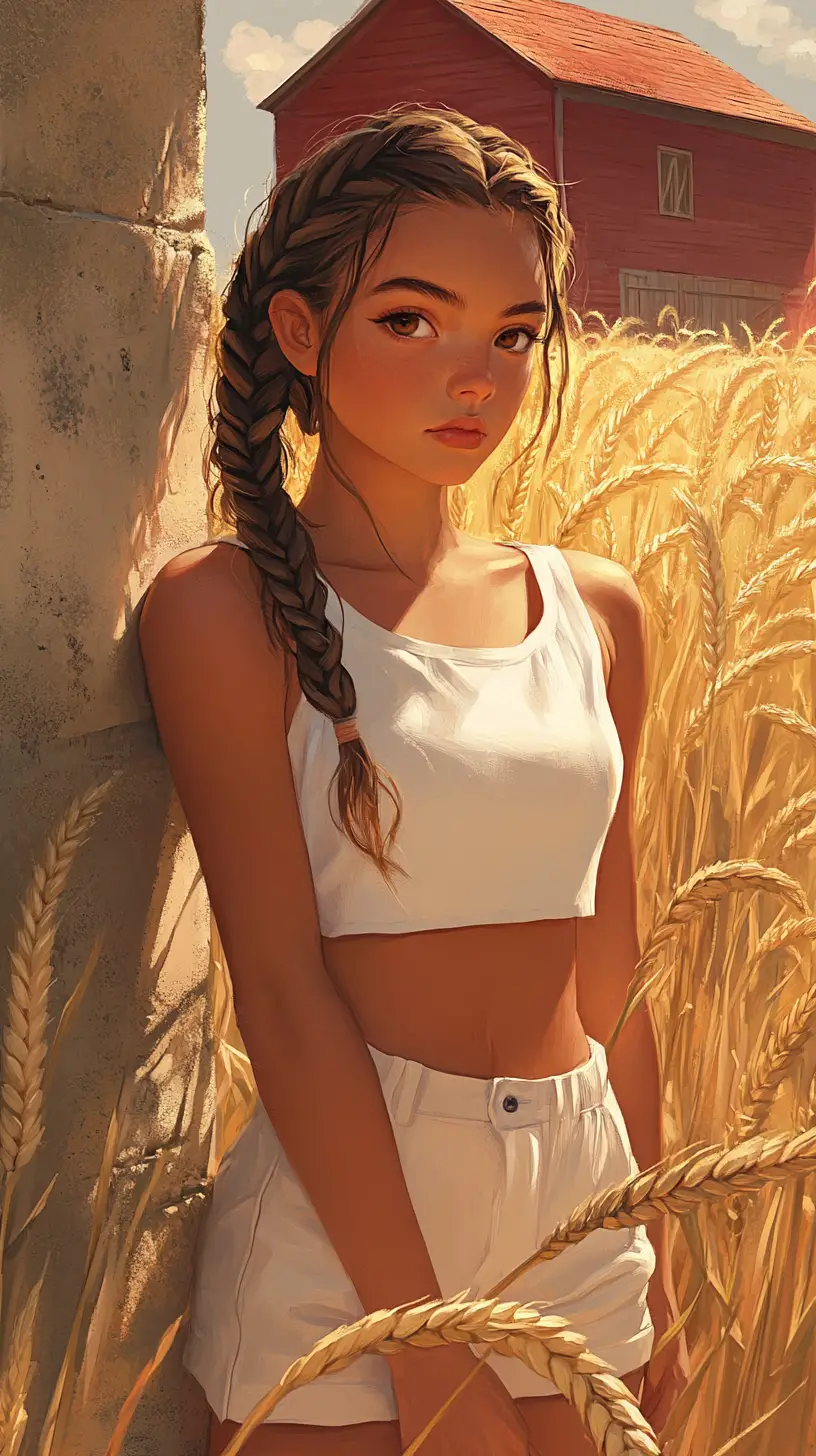 Young girl by a concrete wall in golden wheat fields