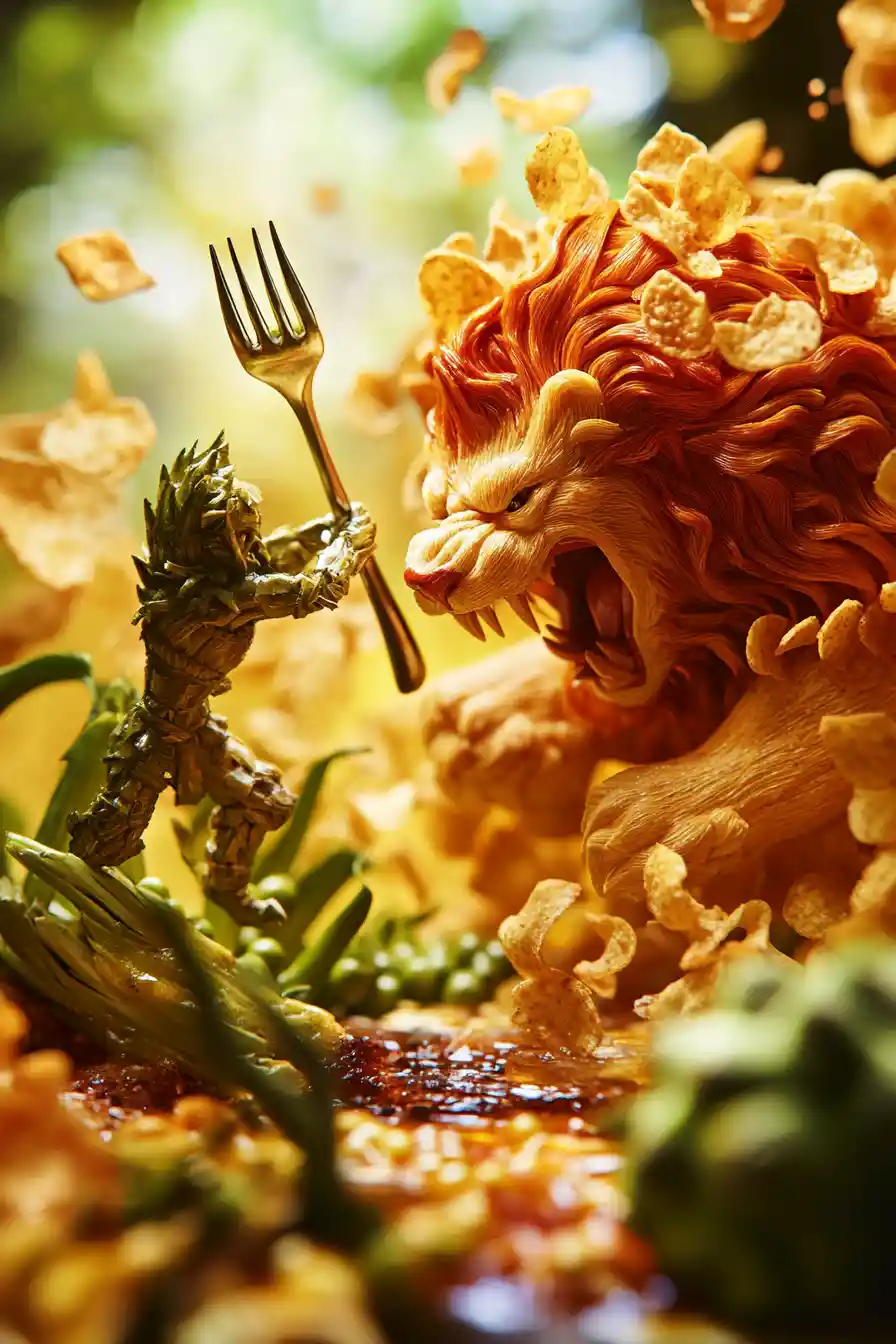 Macro Battle Between Lion Potato Chips And Artichoke Gladiator