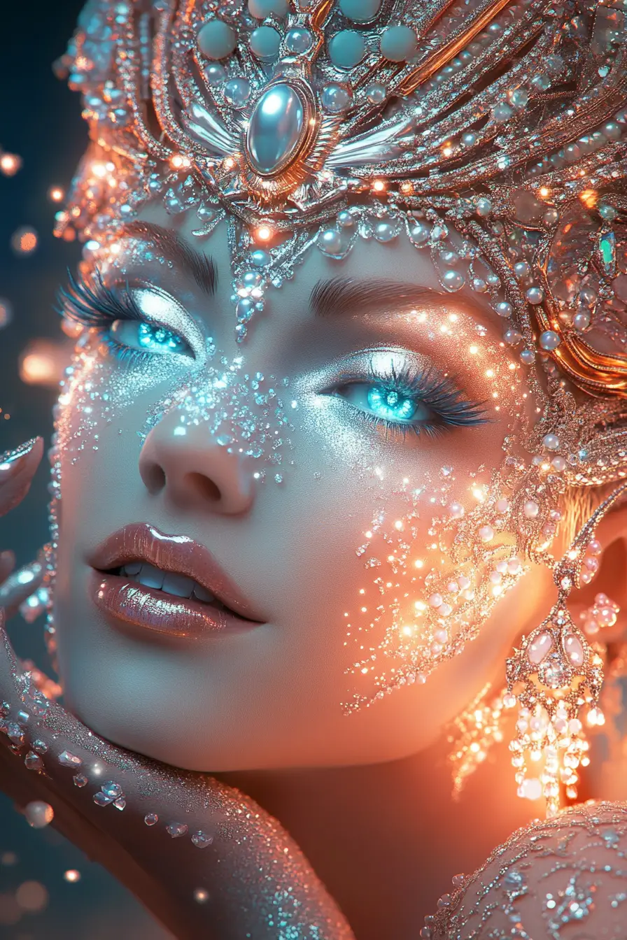 Futuristic jeweled woman portrait with glowing smile