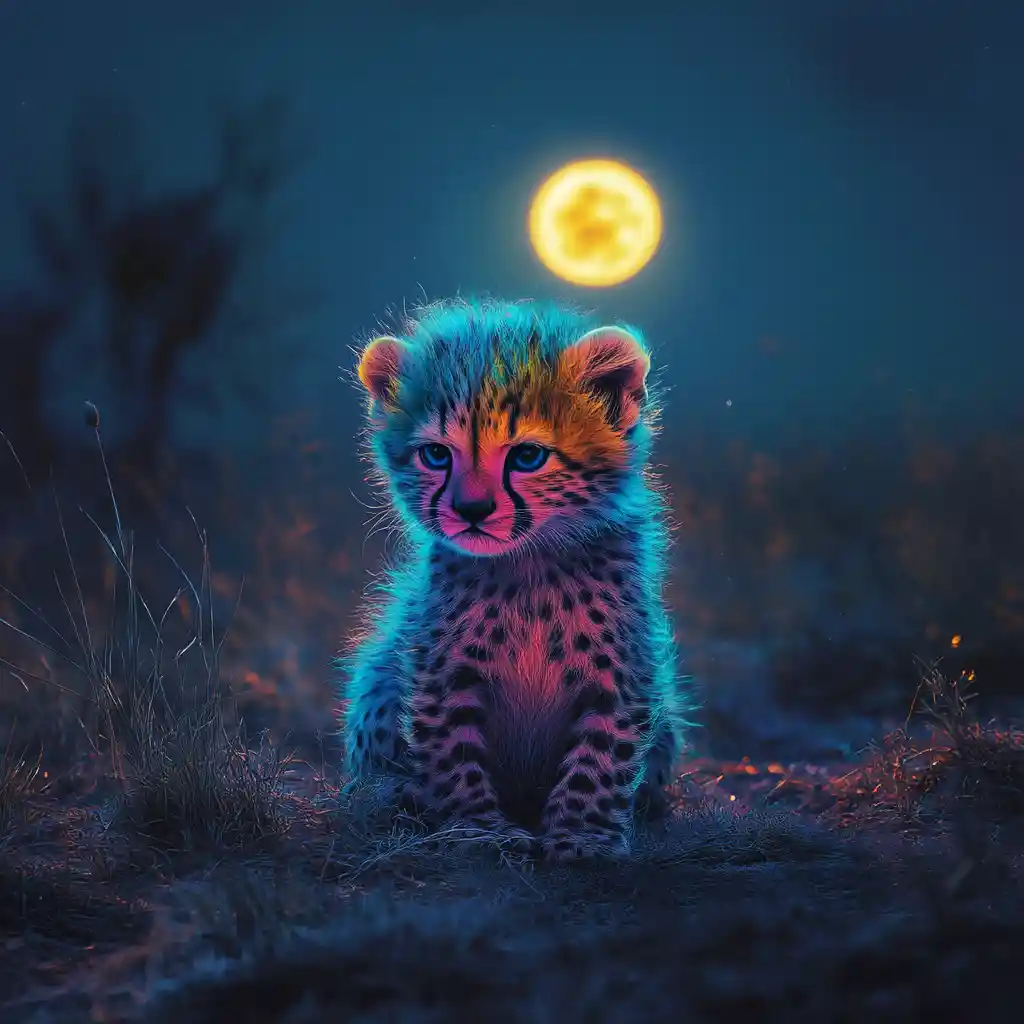 Rainbow cheetah cub sitting alone under the night moon