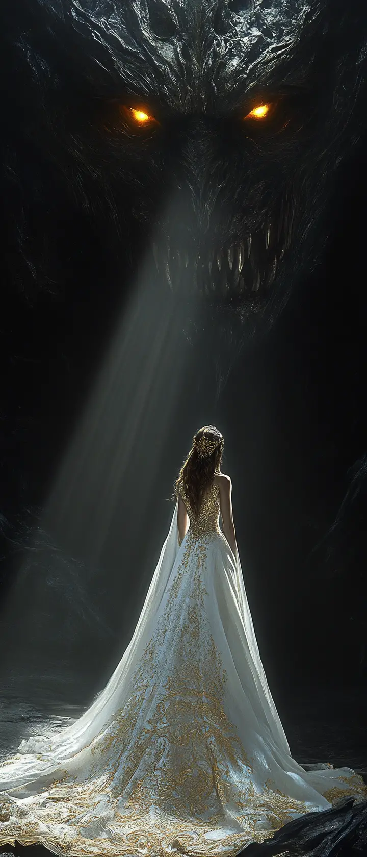 Ethereal princess facing a colossal shadow beast