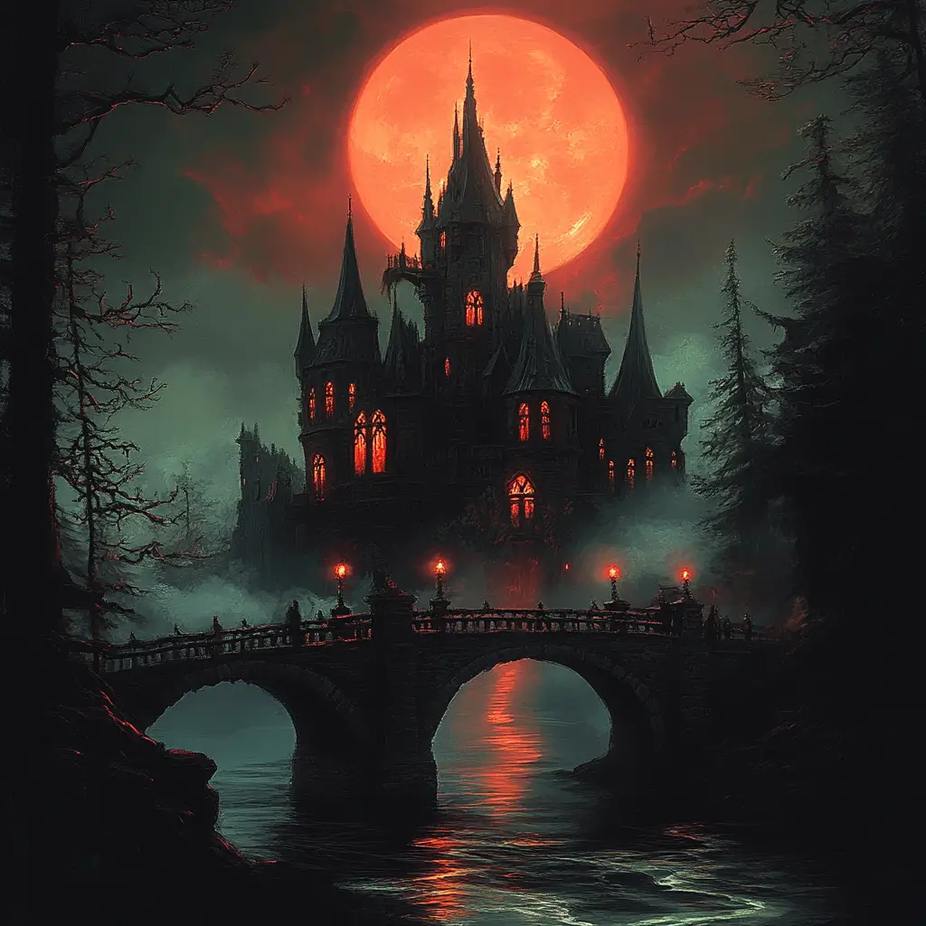 Gothic haunted castle under a red moonlit night