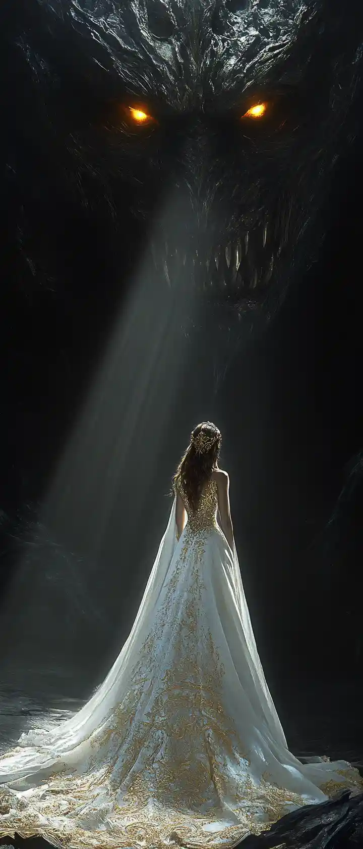 Ethereal princess facing a colossal shadow beast