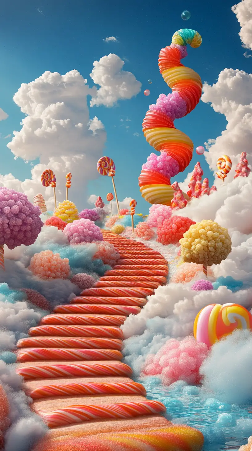 Spiral Licorice Staircase Rising Into Colorful Candy World
