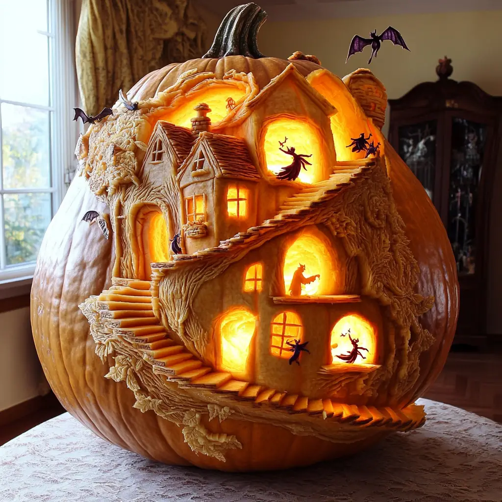 Giant carved pumpkin house with spiral stairs and witches