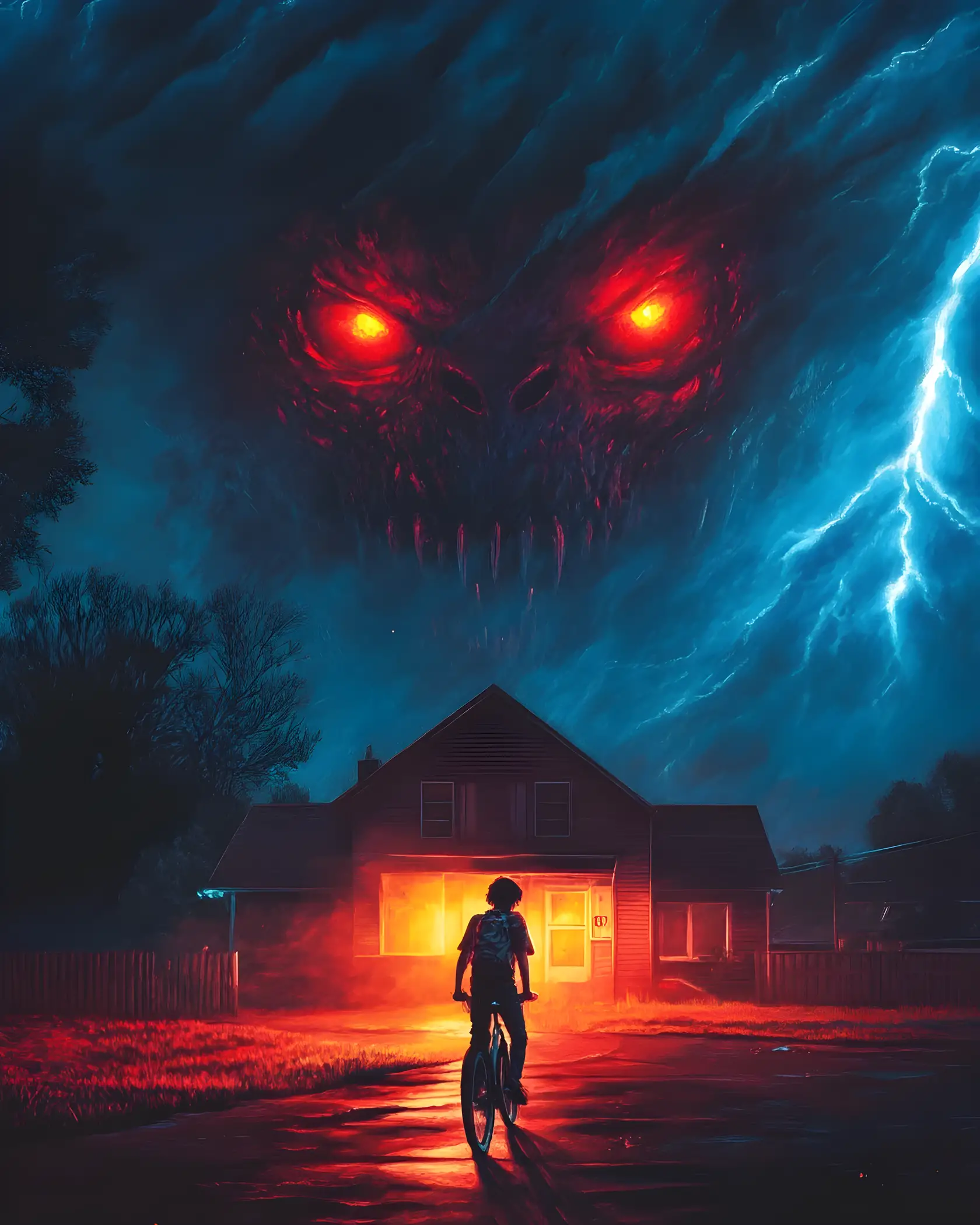 Teenagers Cycling At Night In Dark Fantasy Suburb