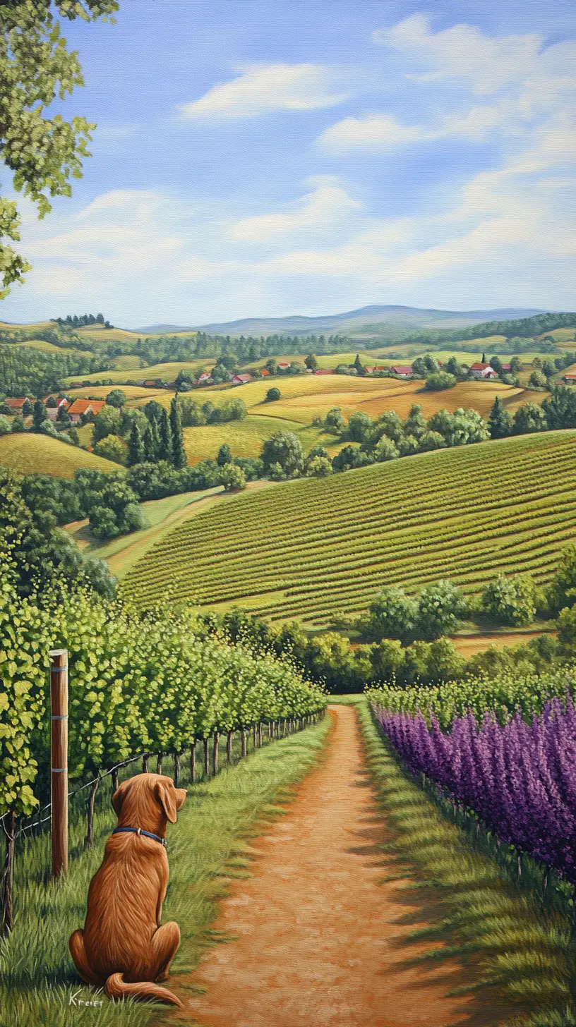 Brown dog in peaceful countryside landscape painting