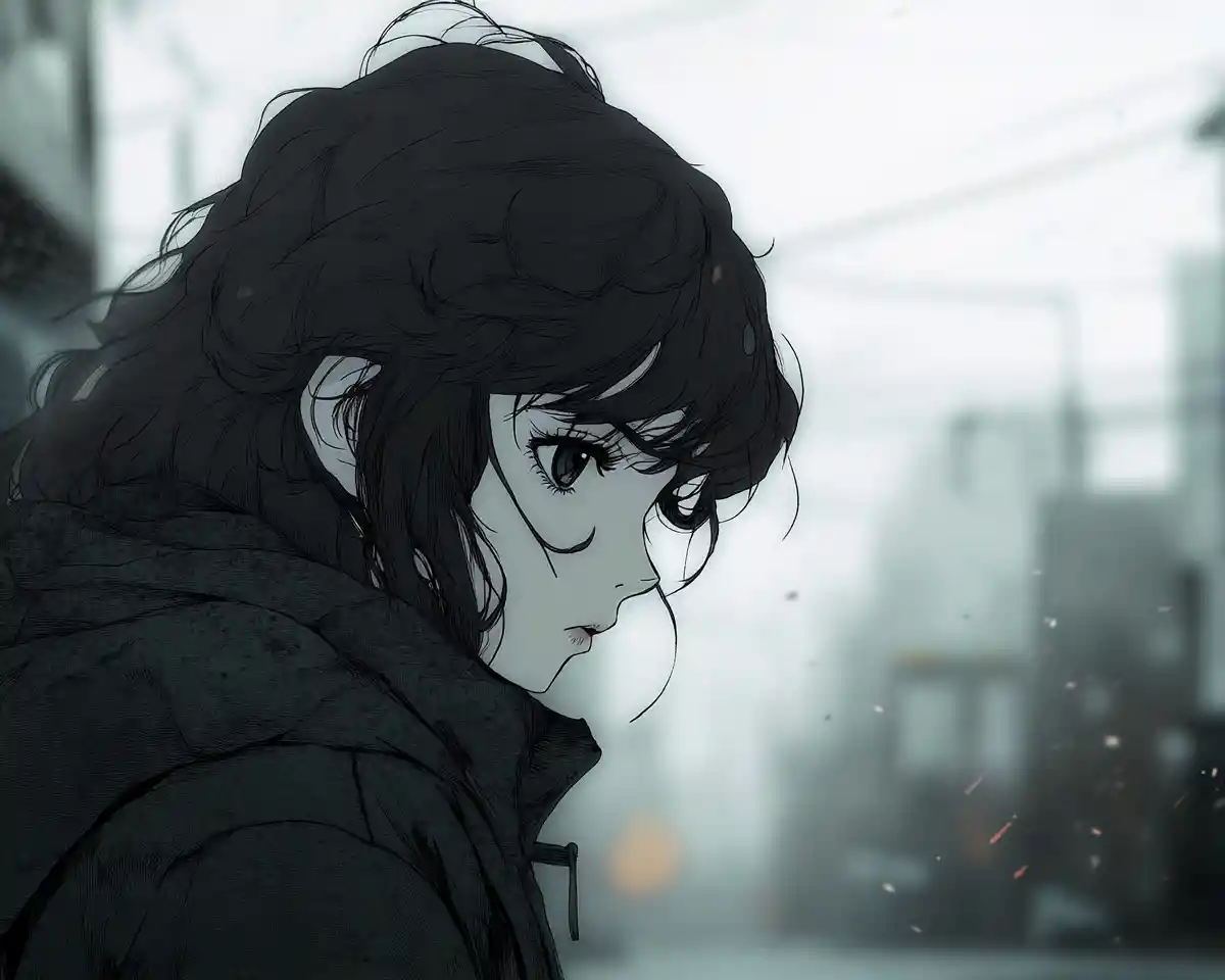 霧と風の街角に立つアニメ女性