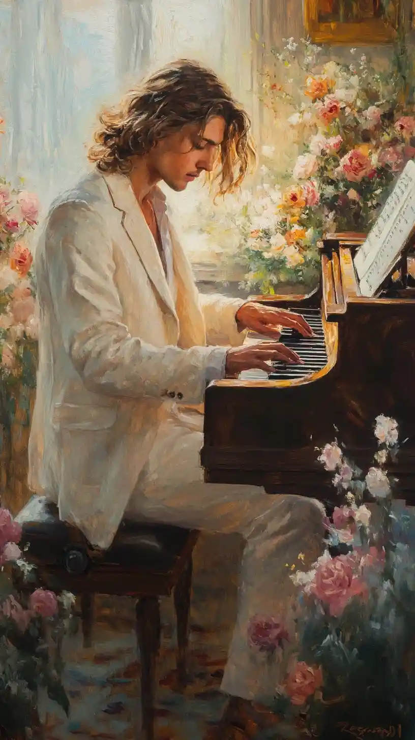 Young man playing piano in a romantic impressionist room