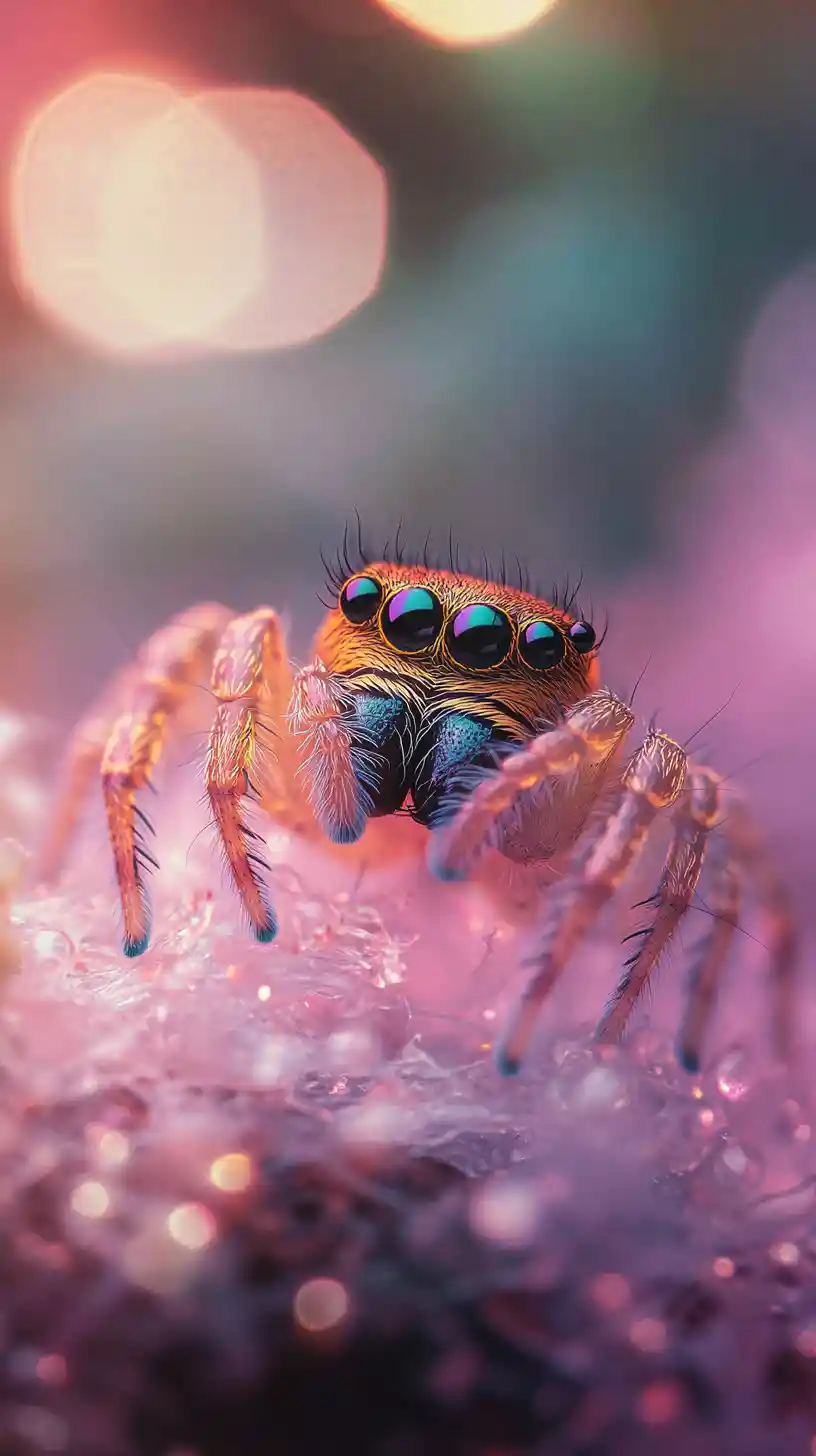 Mystical jumping spider perched on glowing ethereal mist