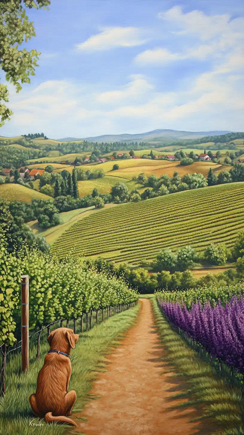 Brown dog in peaceful countryside landscape painting