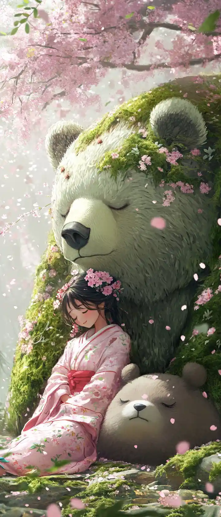 Anime princess in sakura kimono with giant forest spirit
